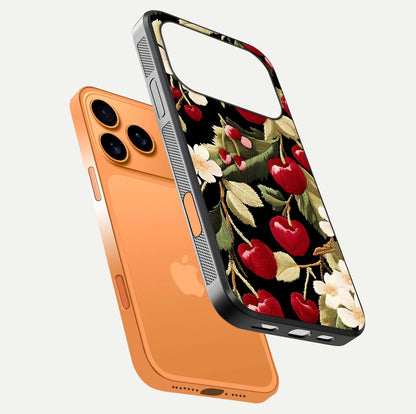 Bloom Thread Art Glass Case for iPhone 17 Pro Max floating mockup showing premium reflection and stitched art vibe
