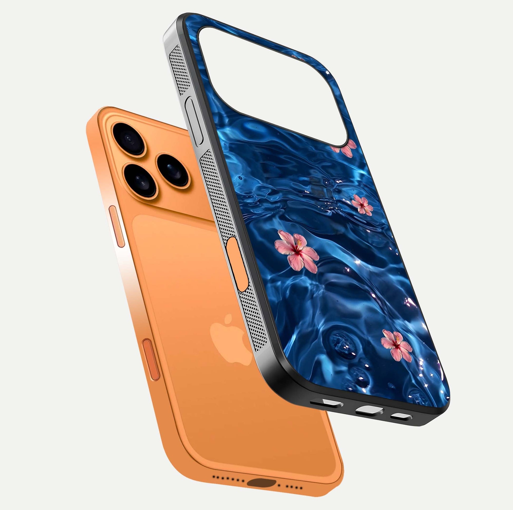 Blooming Water Drift Glass Case for iPhone 17 Pro Max floating dual-view mockup showing floral drift pattern and reflective surface