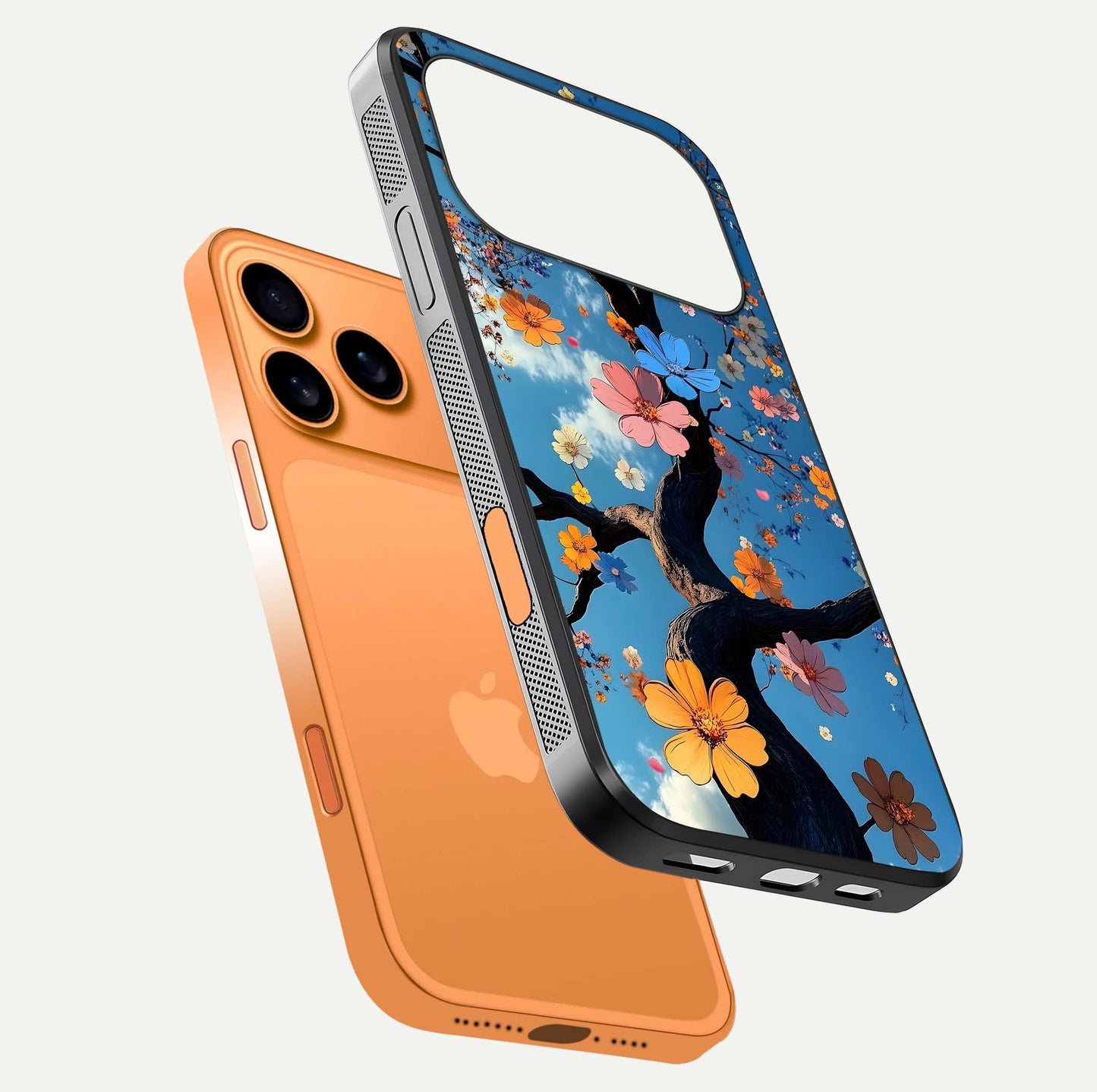 Blossom Dream Sky Glass Case for iPhone 17 Pro Max floating dual-mockup displaying smooth finish and elegant sky tones