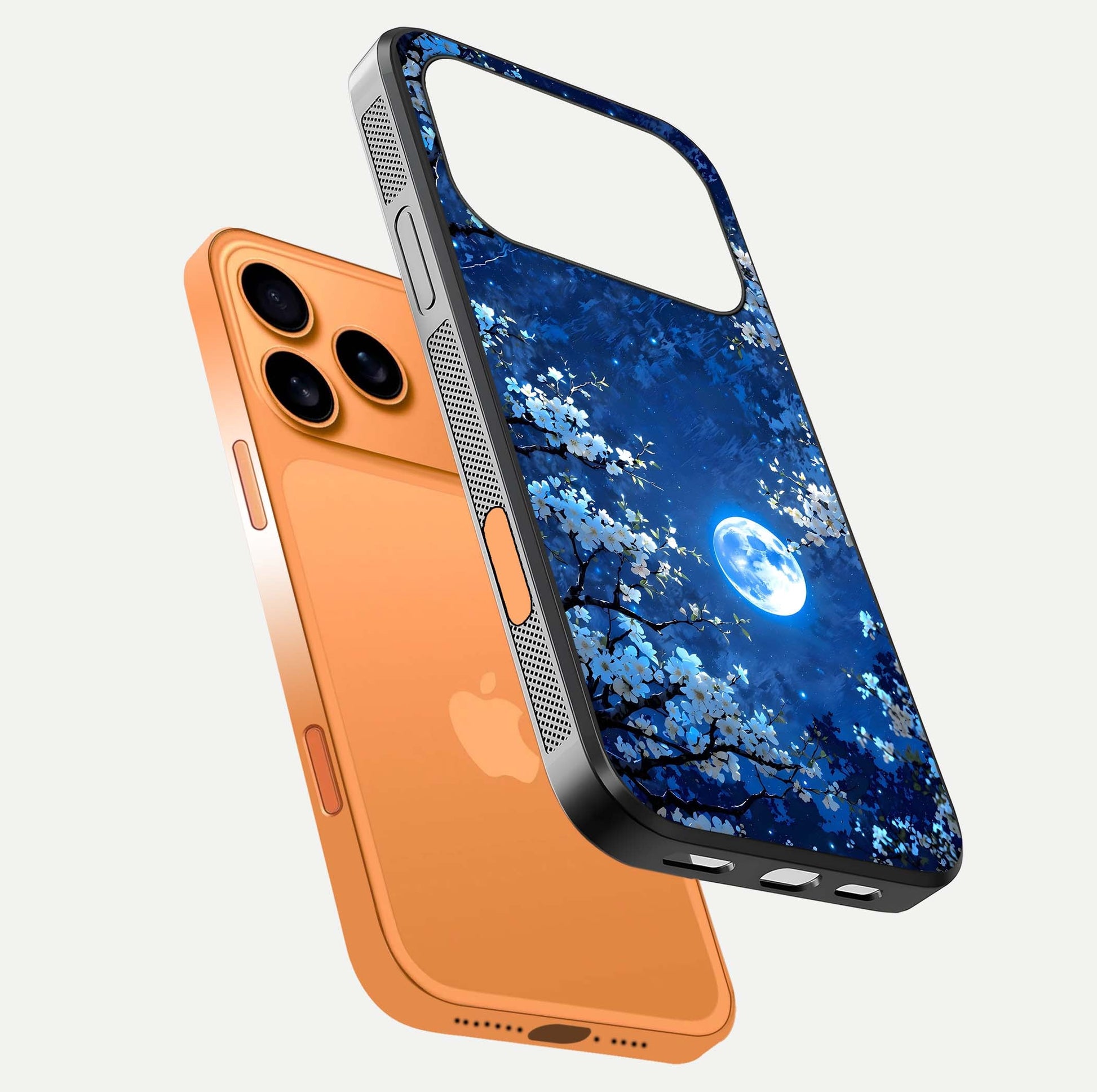 Blossom Moonlight Sky Glass Case for iPhone 17 Pro Max floating mockup showing glowing moon accent and HD gloss texture
