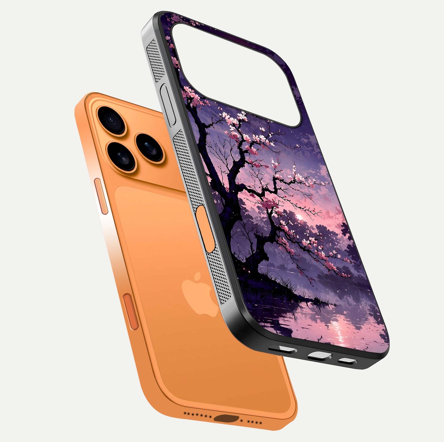 Blossom Pink Moon Glass Case for iPhone 17 Pro Max floating mockup emphasizing dreamy pink moon aura and smooth finish