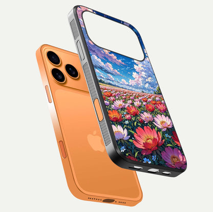 Blossom Sky Field Glass Case for iPhone 17 Pro Max floating mockup displaying sky bloom concept with smooth finish
