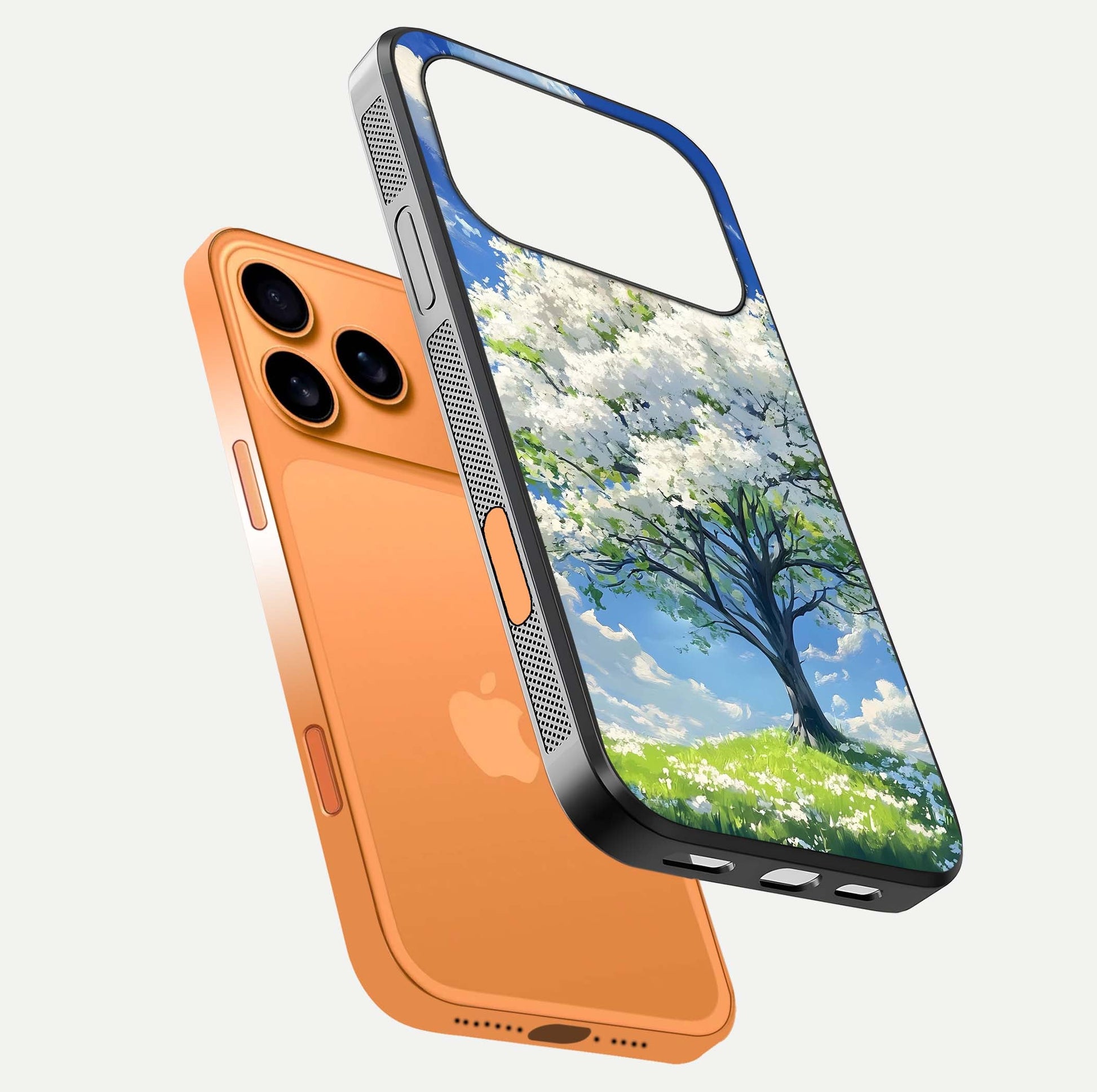 Blossom Sky Serenity Glass Case for iPhone 17 Pro Max floating mockup capturing gloss surface and tranquil design
