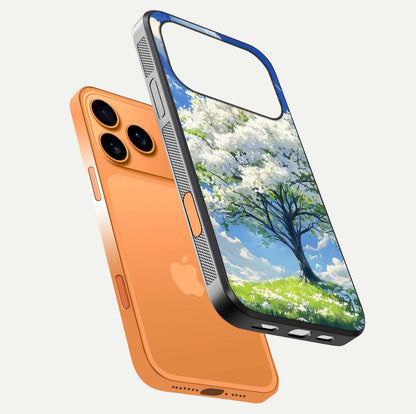 Blossom Sky Serenity Glass Case for iPhone 17 Pro Max floating mockup capturing gloss surface and tranquil design