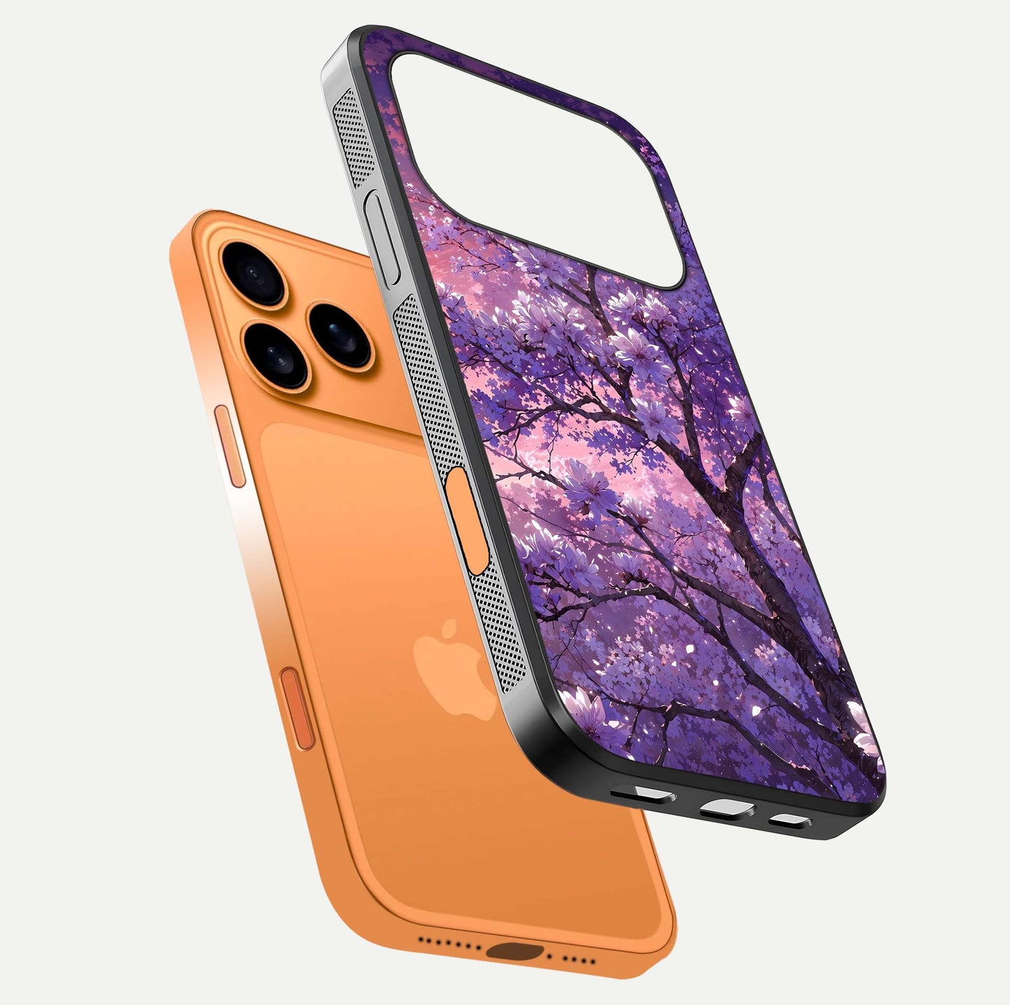 Blossom Tree Glass Case for iPhone 17 Pro Max floating dual-mockup displaying texture detail and curved edges
