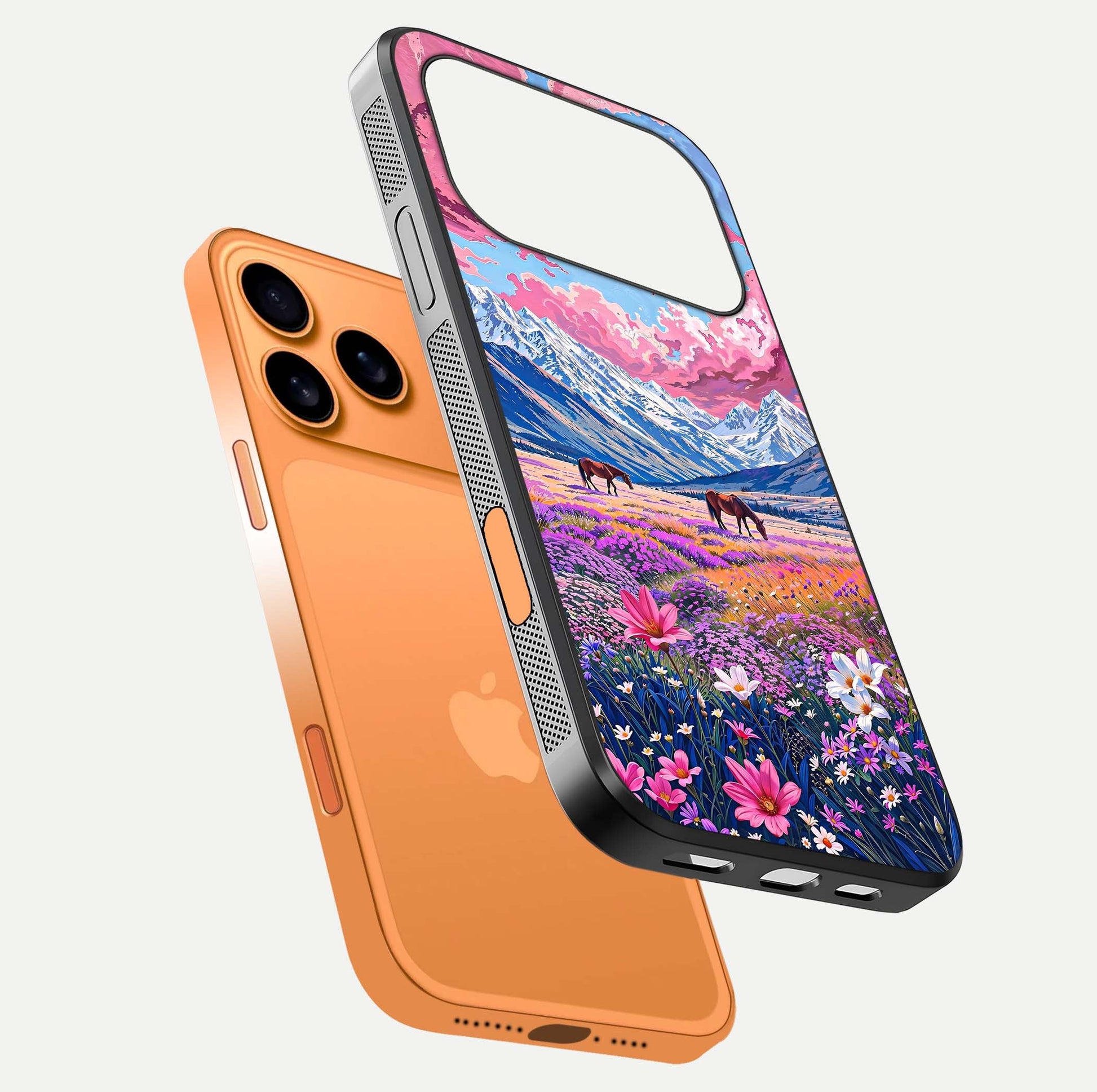 Blossom Valley Dream Glass Case for iPhone 17 Pro Max floating mockup showing floral valley blend and reflective surface