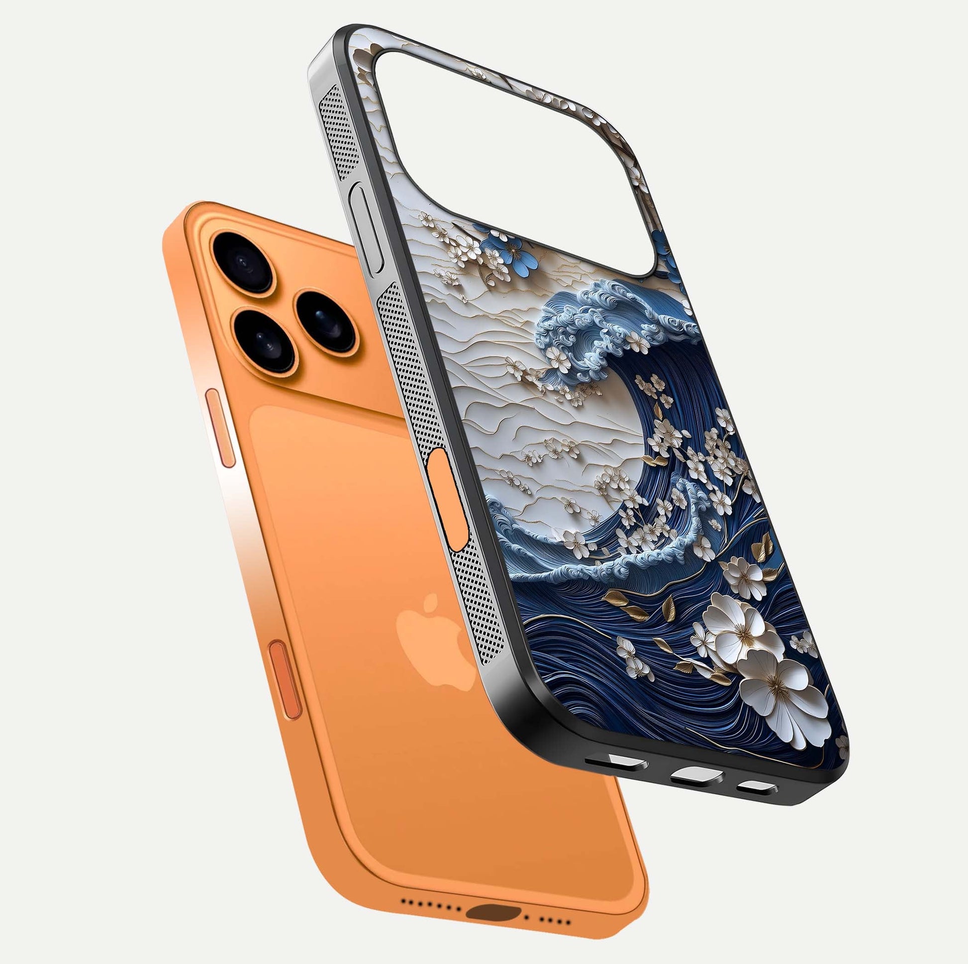 Blossom Wave Art Glass Case for iPhone 17 Pro Max floating mockup displaying pattern details and reflective shine