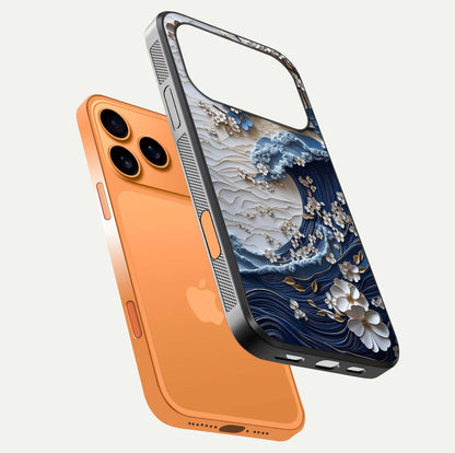 Blossom Wave Art Glass Case for iPhone 17 Pro Max floating mockup displaying pattern details and reflective shine