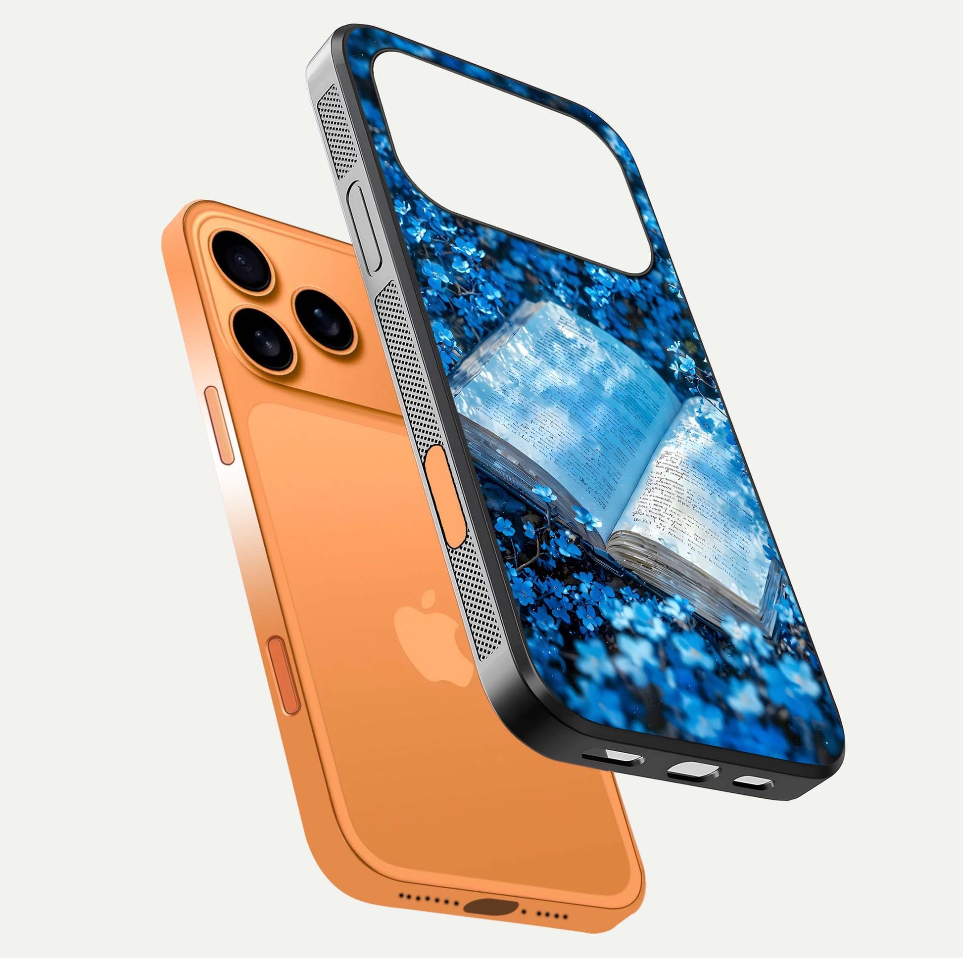 Blue Bloom Tales Glass Case for iPhone 17 Pro Max floating mockup showing detailed bloom and reflective surface
