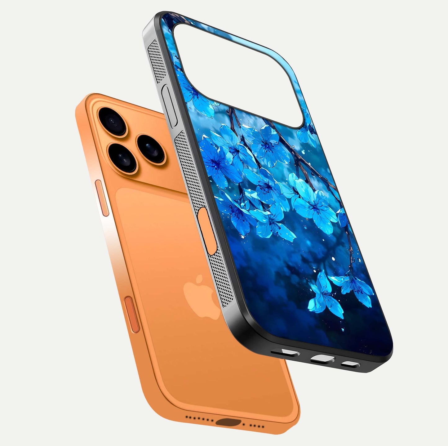 Blue Blossoms Branch Glass Case for iPhone 17 Pro Max floating mockup showing shine, curved edges, and branch detailing