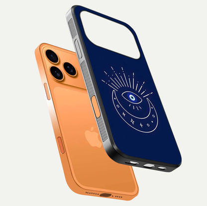 Blue Evil Eye Glass Case for iPhone 17 Pro Max floating mockup displaying glossy protection and spiritual artwork