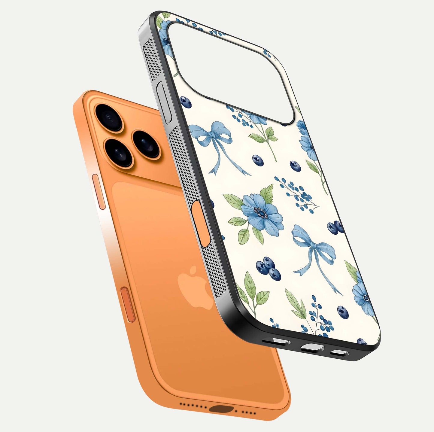 Blue Flower & Bow Glass Case for iPhone 17 Pro Max floating mockup capturing gloss reflection and girly aesthetic