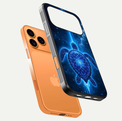 Blue Galaxy Turtle Glass Case for iPhone 17 Pro Max floating dual-mockup showing gloss depth and color transitions