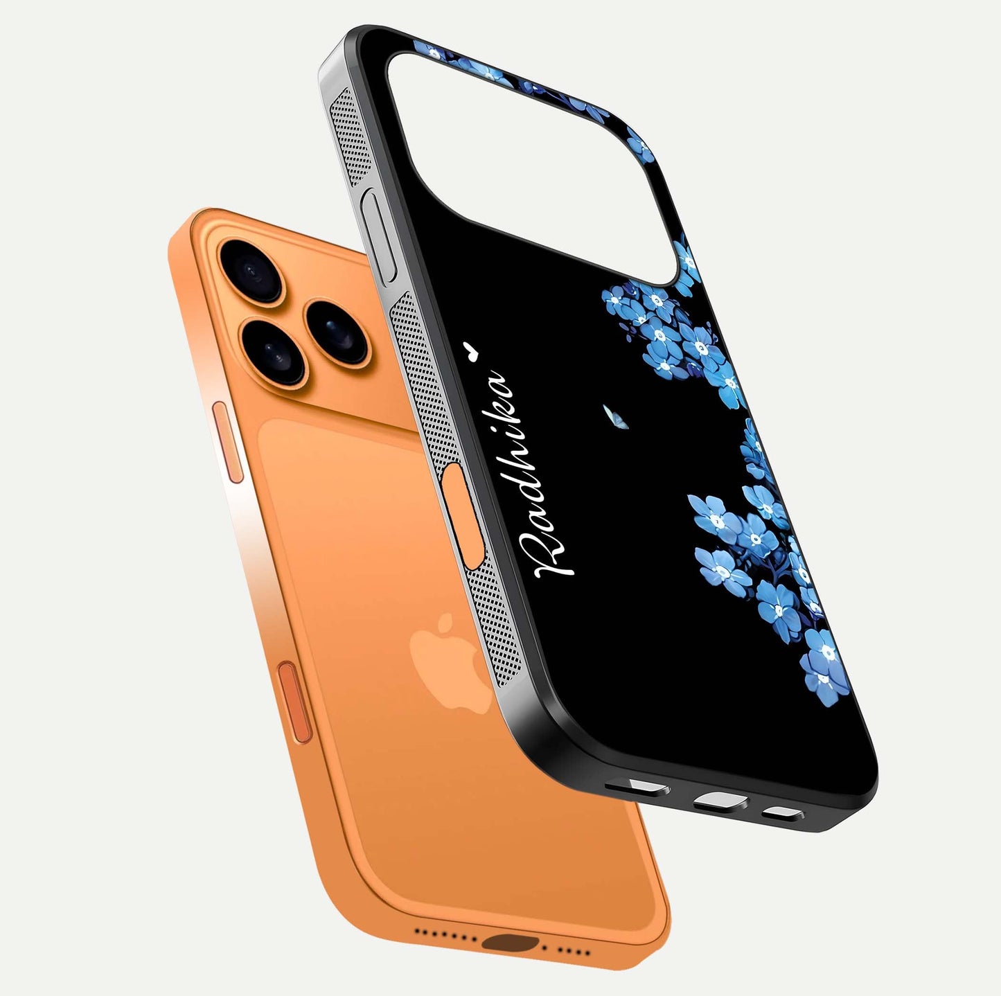 Blue Petal Dream Custom Name Glass Case for iPhone 17 Pro Max floating mockup capturing floral tones and glass shine