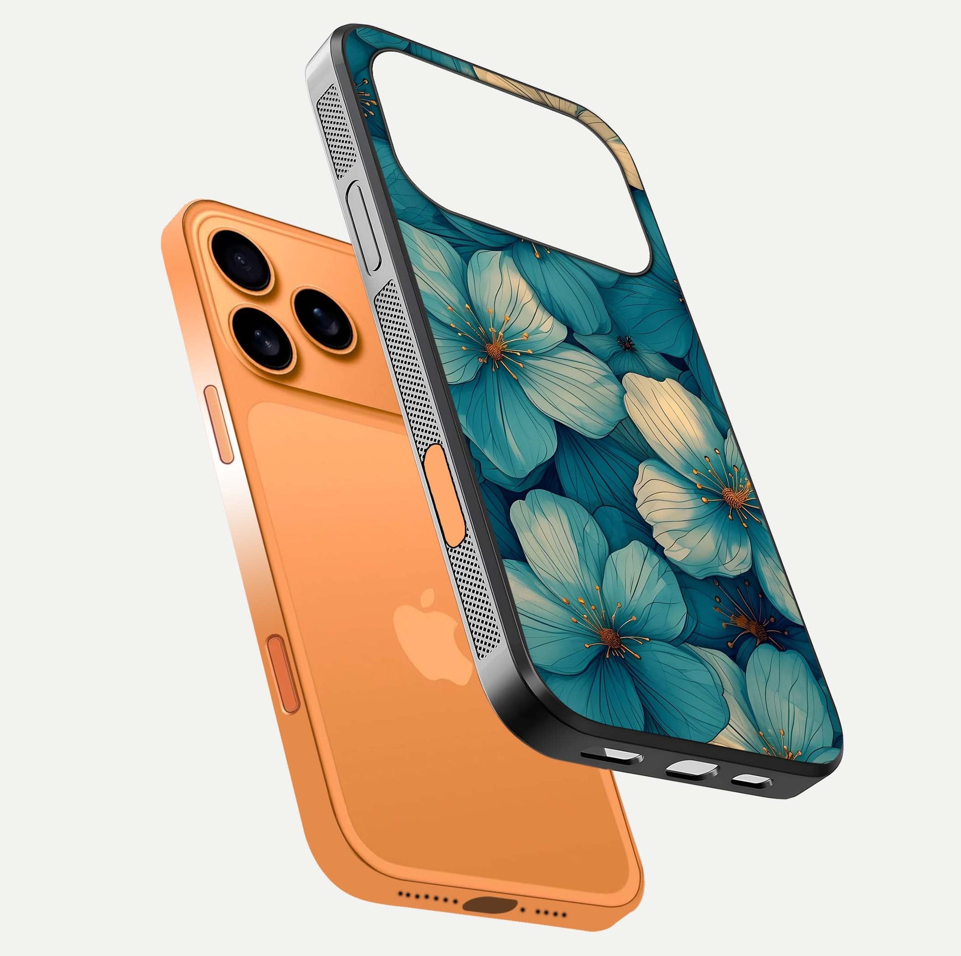 Blue Shade Floral Glass Case for iPhone 17 Pro Max floating mockup revealing gloss highlight and floral depth
