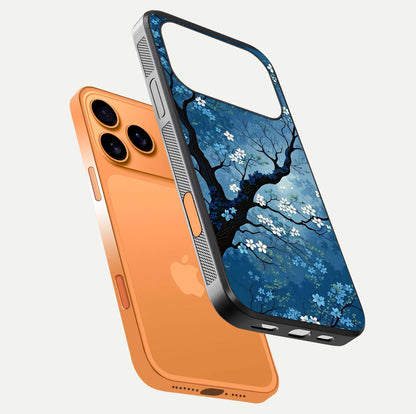 Blue Tree Serenity Glass Case for iPhone 17 Pro Max floating mockup displaying serene tones and HD glass polish