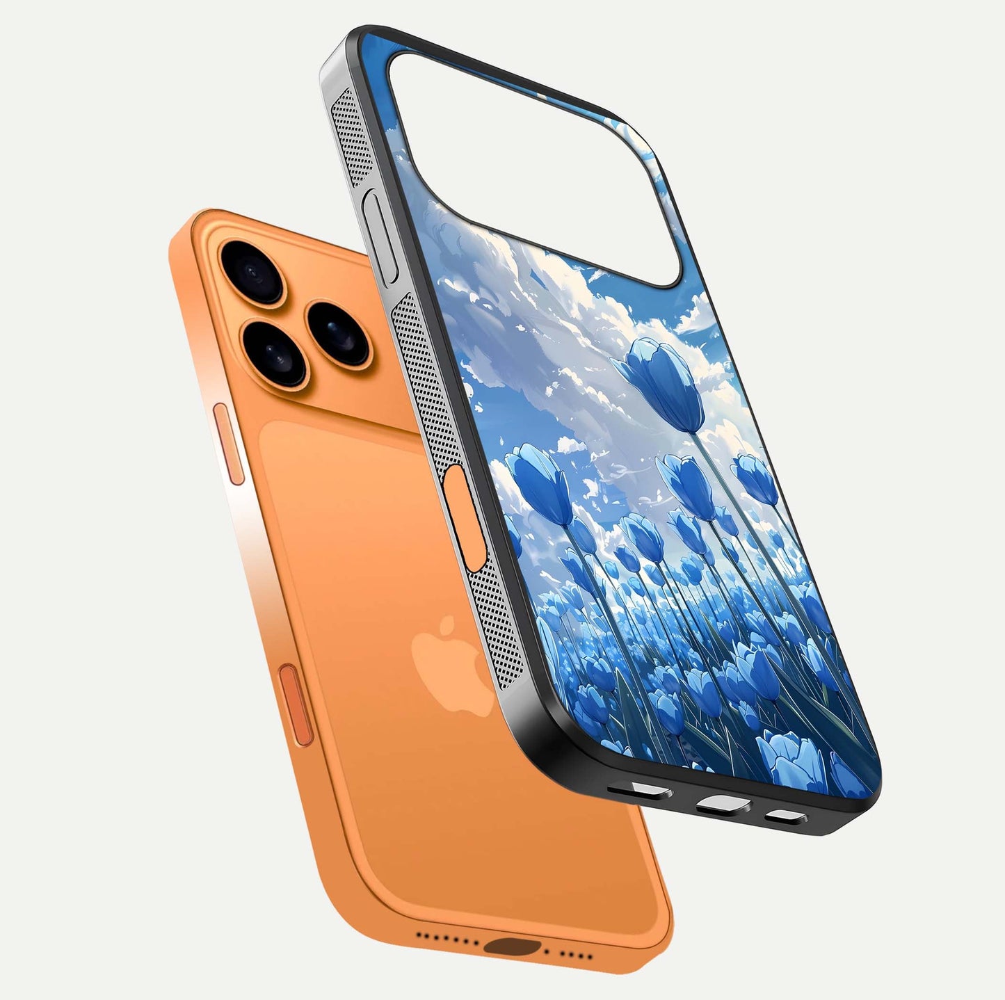 Blue Tulip Clouds Glass Case for iPhone 17 Pro Max floating mockup displaying tulip-cloud fusion art and smooth glass gloss