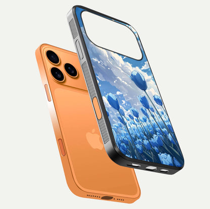 Blue Tulip Clouds Glass Case for iPhone 17 Pro Max floating mockup displaying tulip-cloud fusion art and smooth glass gloss