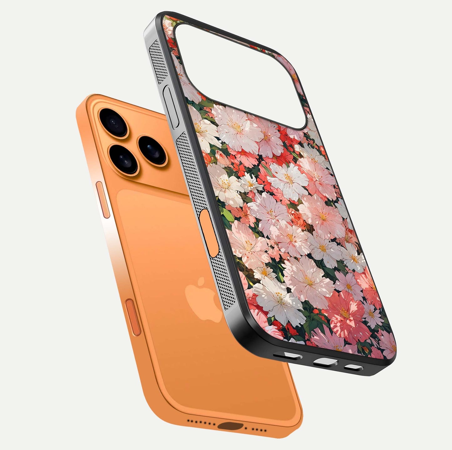 Blush Bloom Field Glass Case for iPhone 17 Pro Max floating mockup highlighting floral spread and edge reflection