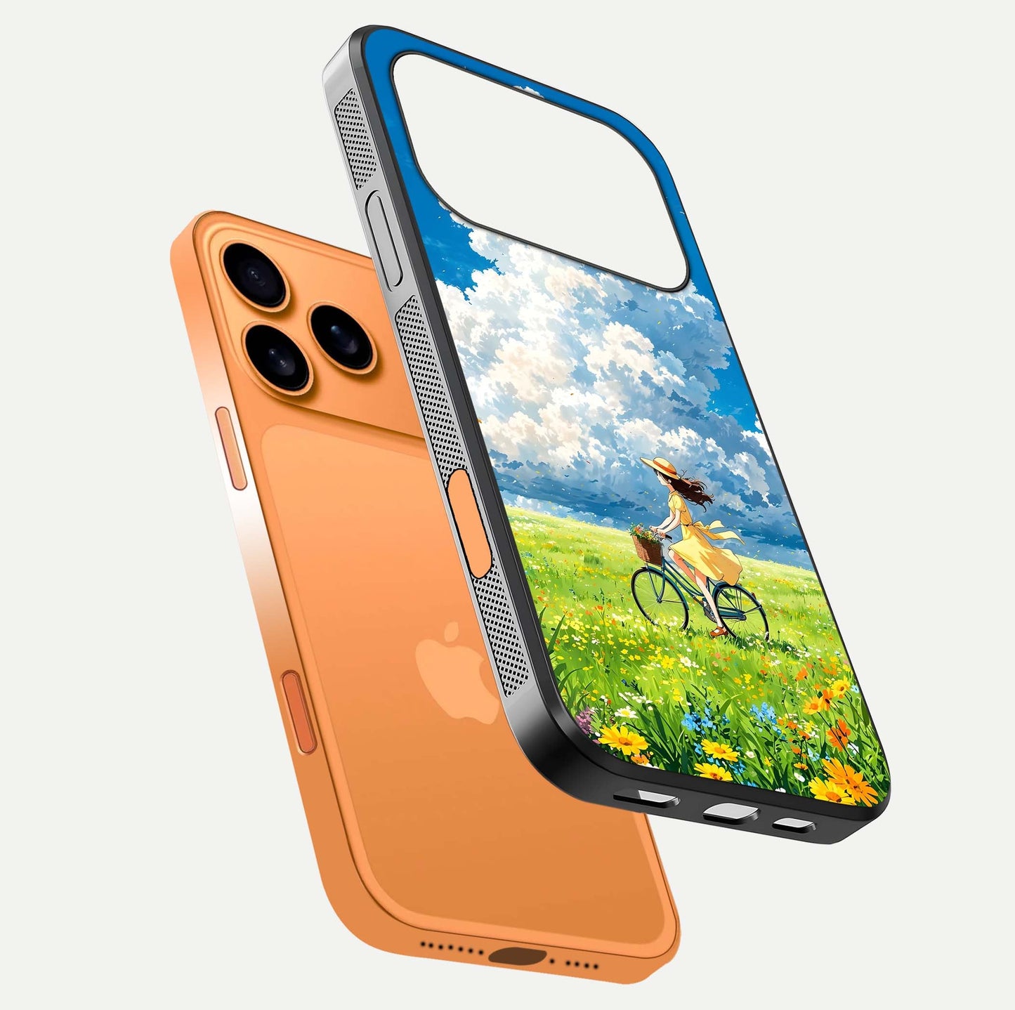 Breezy Meadow Ride Glass Case for iPhone 17 Pro Max floating mockup capturing serene tones and smooth finish