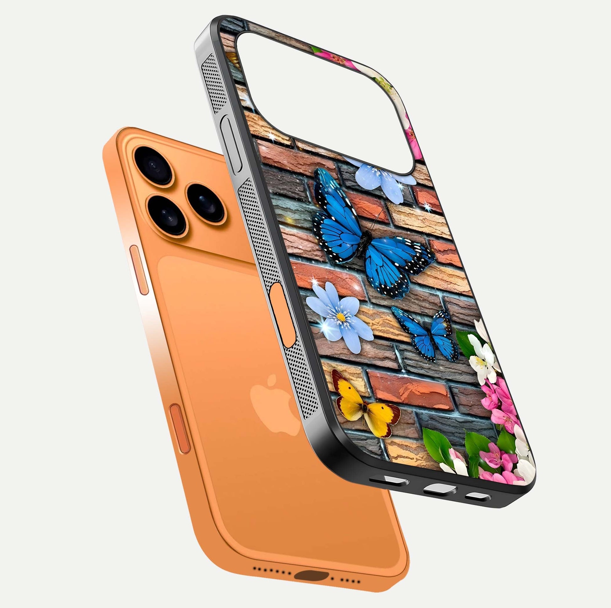 Brick Bloom Flight Glass Case for iPhone 17 Pro Max floating mockup displaying gloss reflection and pattern vibrancy