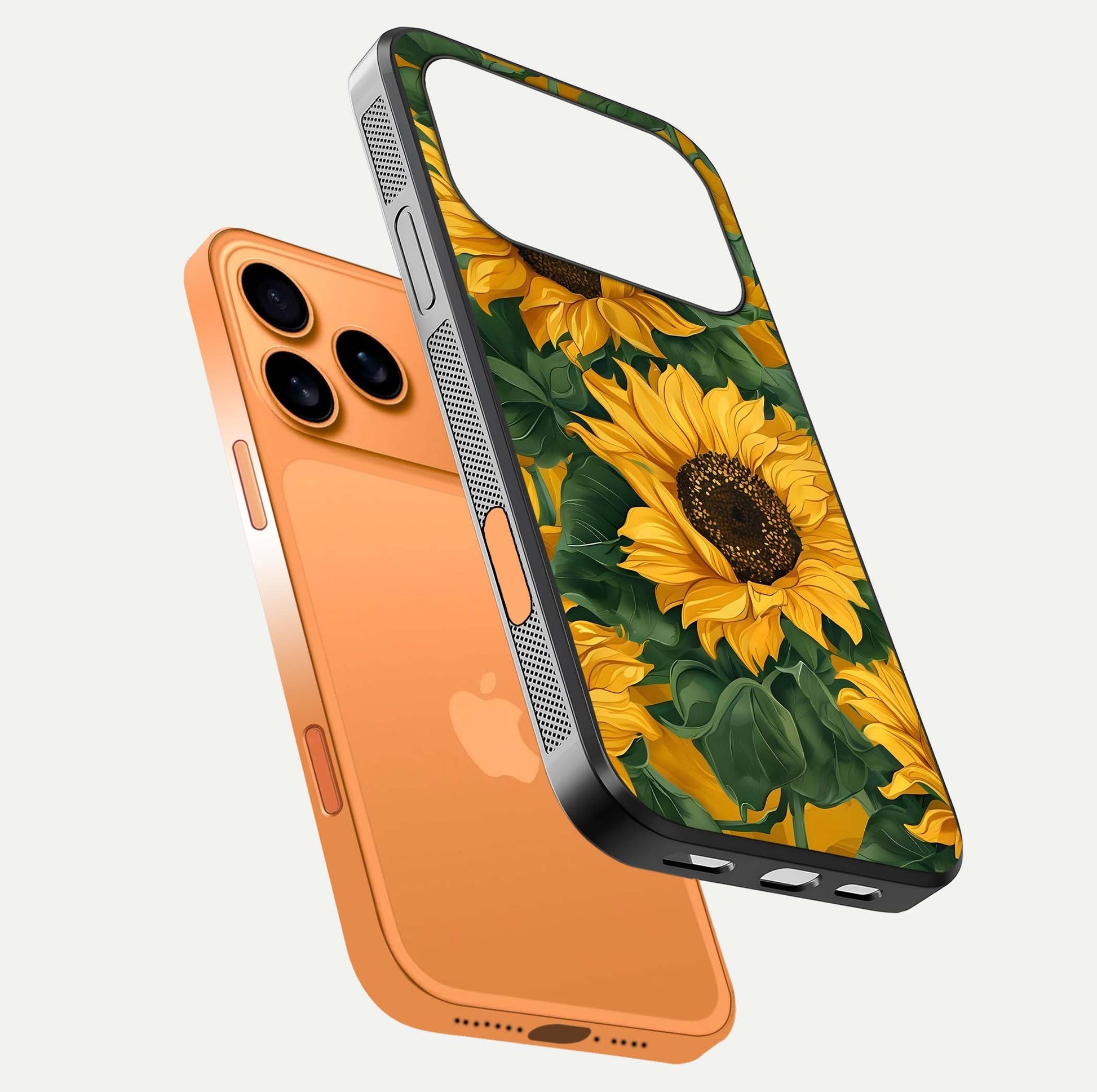 Bright Sunflower Bloom Glass Case for iPhone 17 Pro Max floating mockup capturing vibrant tones and gloss surface
