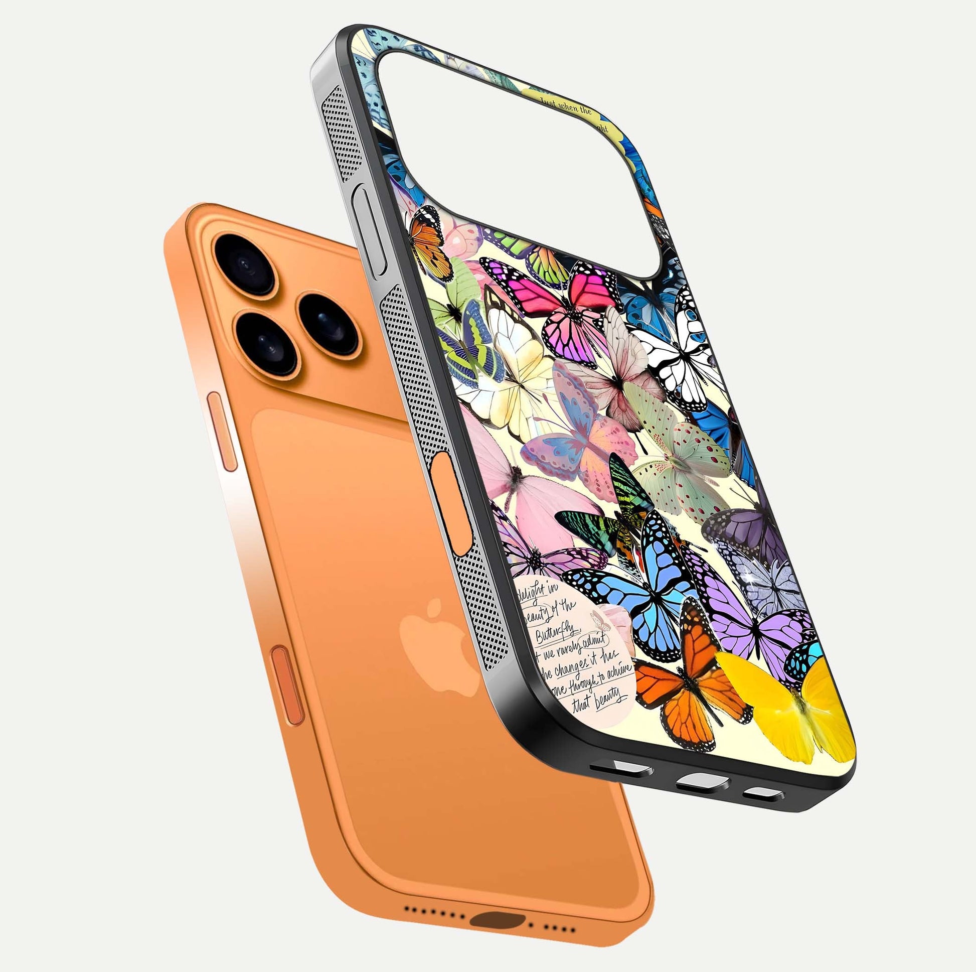 Butterflies Petal Dream Glass Case for iPhone 17 Pro Max floating mockup displaying detailed print and premium glass glow