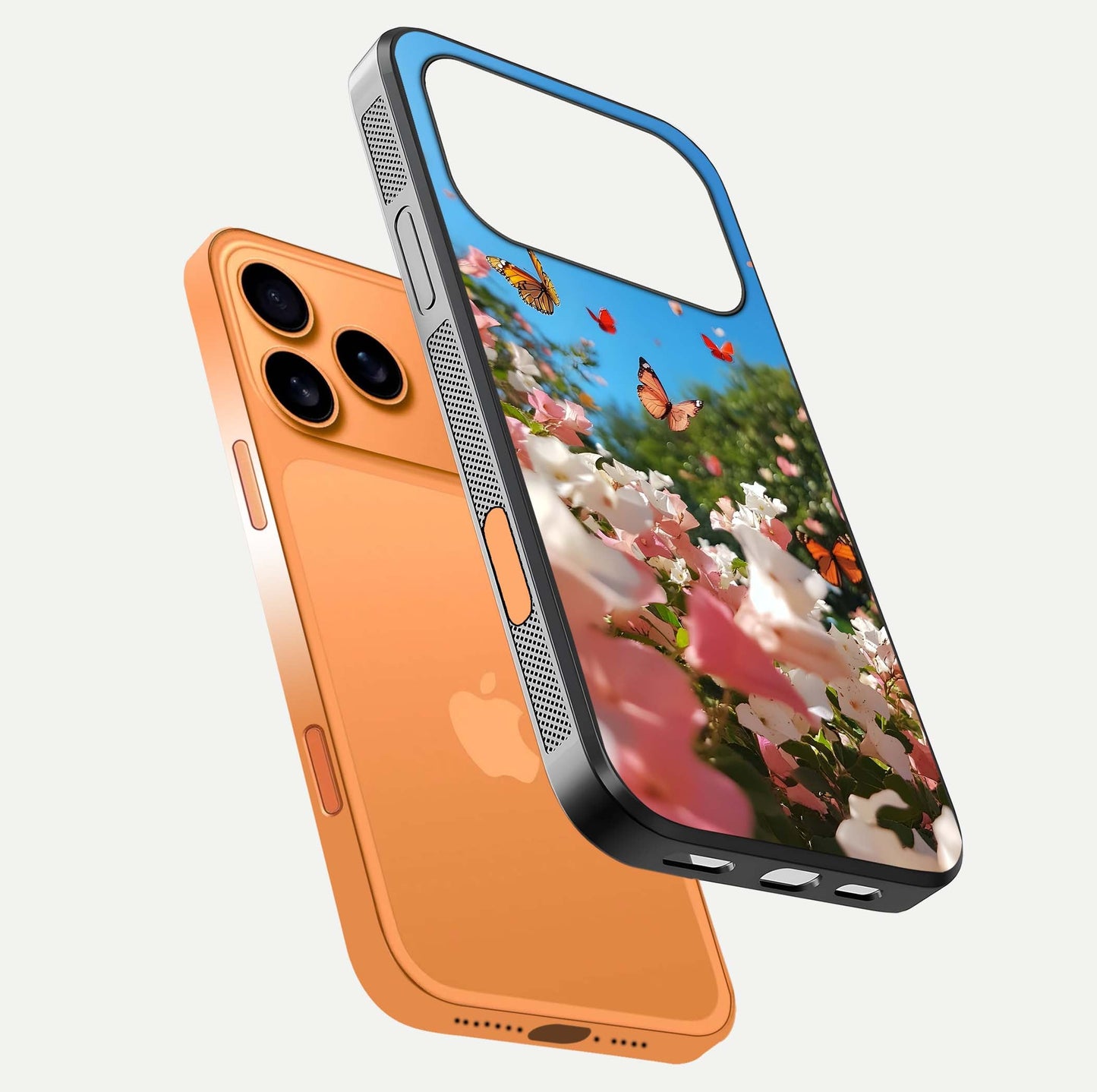 Butterflies in Bloom Sky Glass Case for iPhone 17 Pro Max floating mockup capturing butterfly motion and edge design