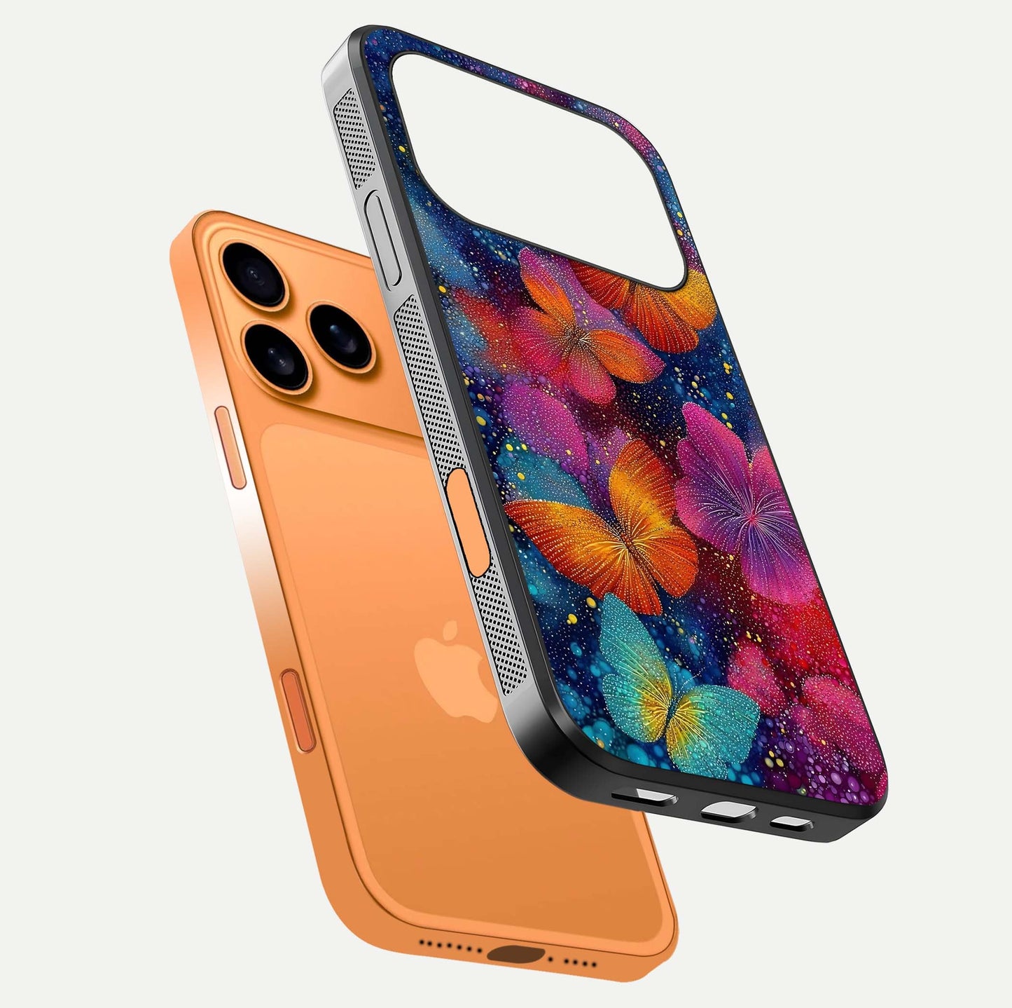 Butterfly Dream Mist Glass Case for iPhone 17 Pro Max floating mockup displaying glass shine and ethereal art depth