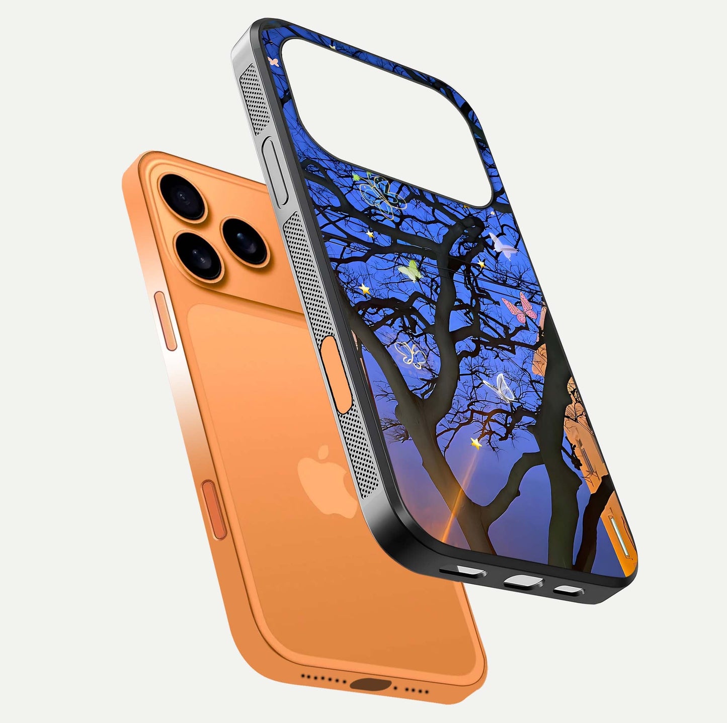 Butterfly Night Magic Glass Case for iPhone 17 Pro Max floating mockup showing night glow and smooth polish
