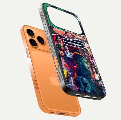 CYBERPUNK Legacy Glass Case for iPhone 17 Pro Max floating mockup showing HD gloss and neon glow detail