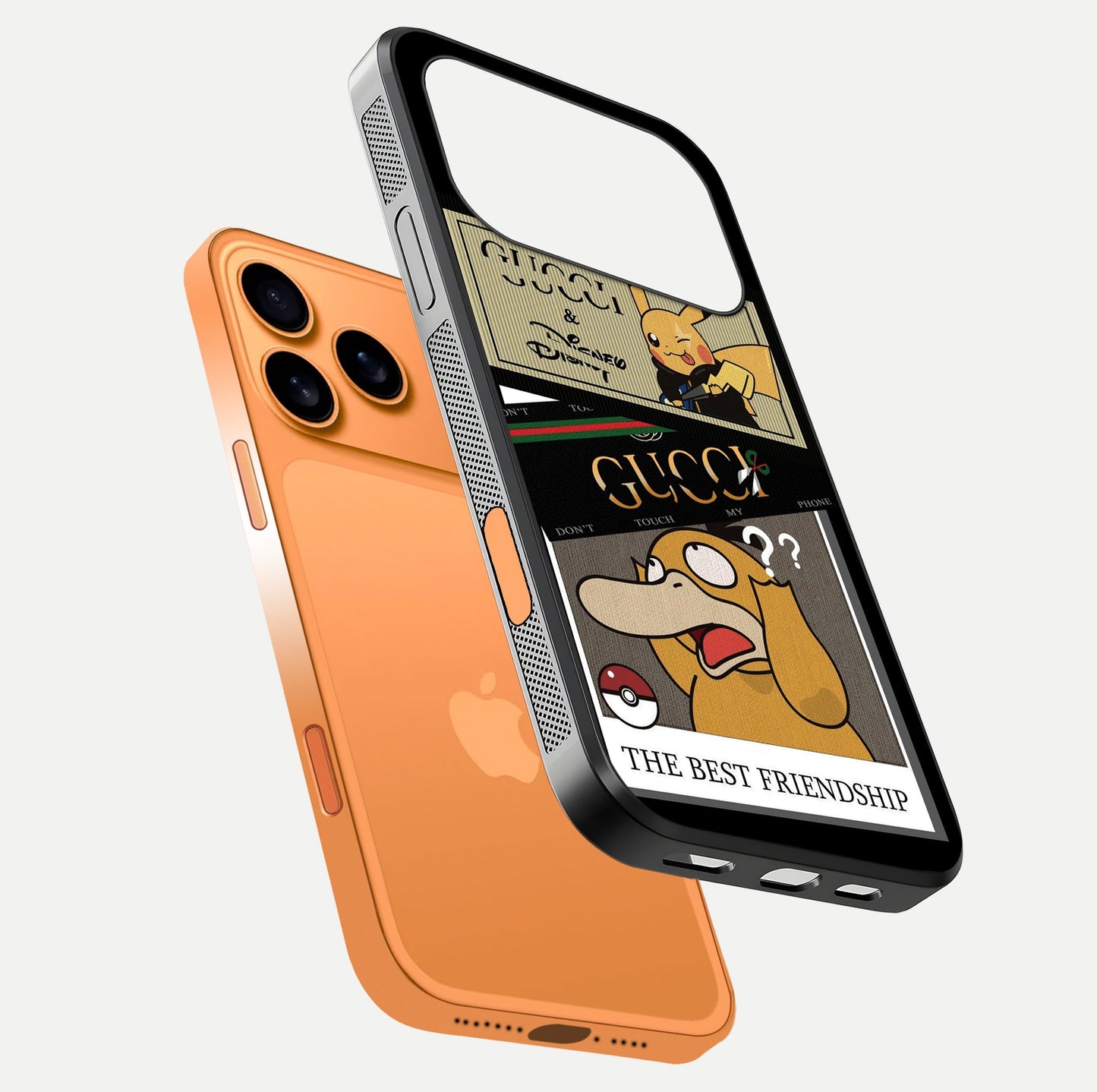 Cartoon Brand Play Mashup Glass Case for iPhone 17 Pro Max floating dual-view mockup showing gloss surface and vivid reflection