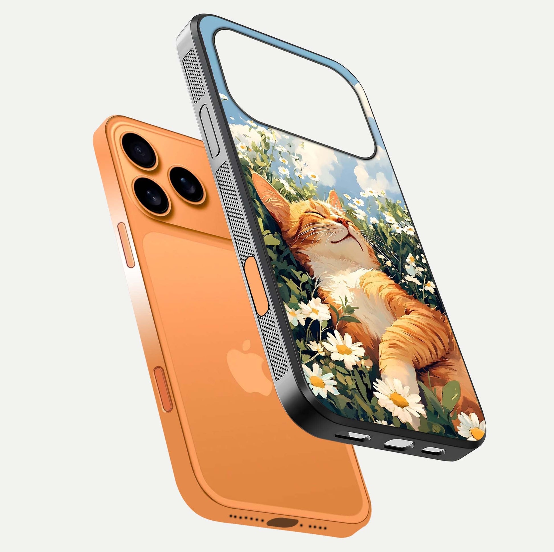 Cat & Flowers View Glass Case for iPhone 17 Pro Max floating mockup showing design reflection and protective edges