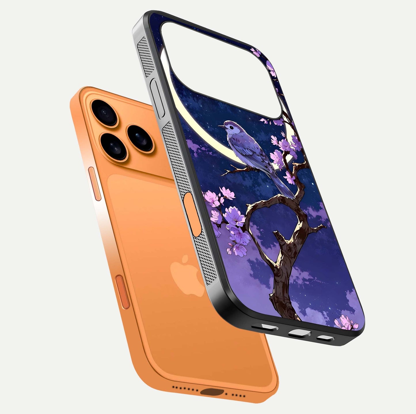 Celestial Bird Blossom Glass Case for iPhone 17 Pro Max floating mockup showing cosmic floral tones and HD gloss
