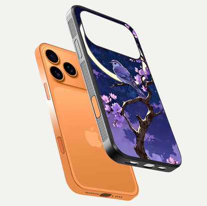 Celestial Bird Blossom Glass Case for iPhone 17 Pro Max floating mockup showing cosmic floral tones and HD gloss