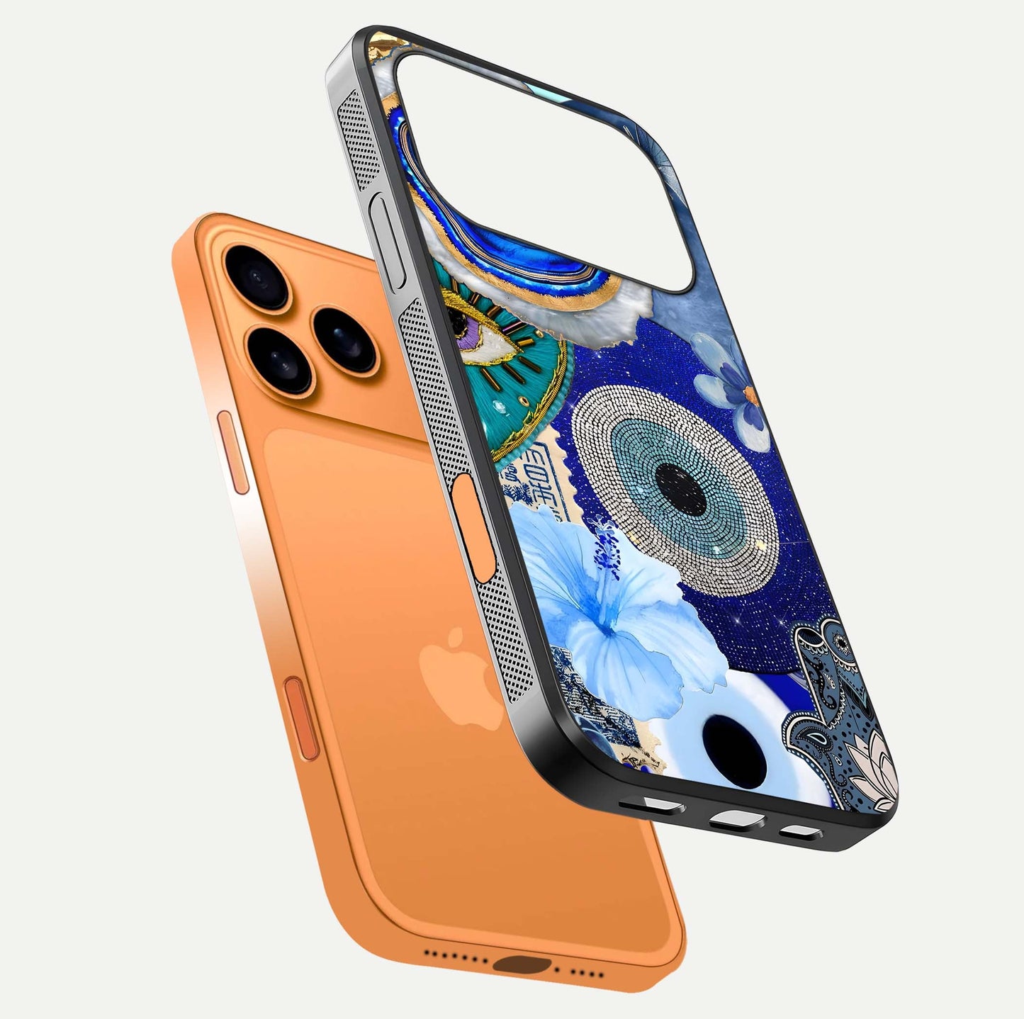 Celestial Blue Vision Glass Case for iPhone 17 Pro Max floating mockup showing gloss depth and night-sky pattern