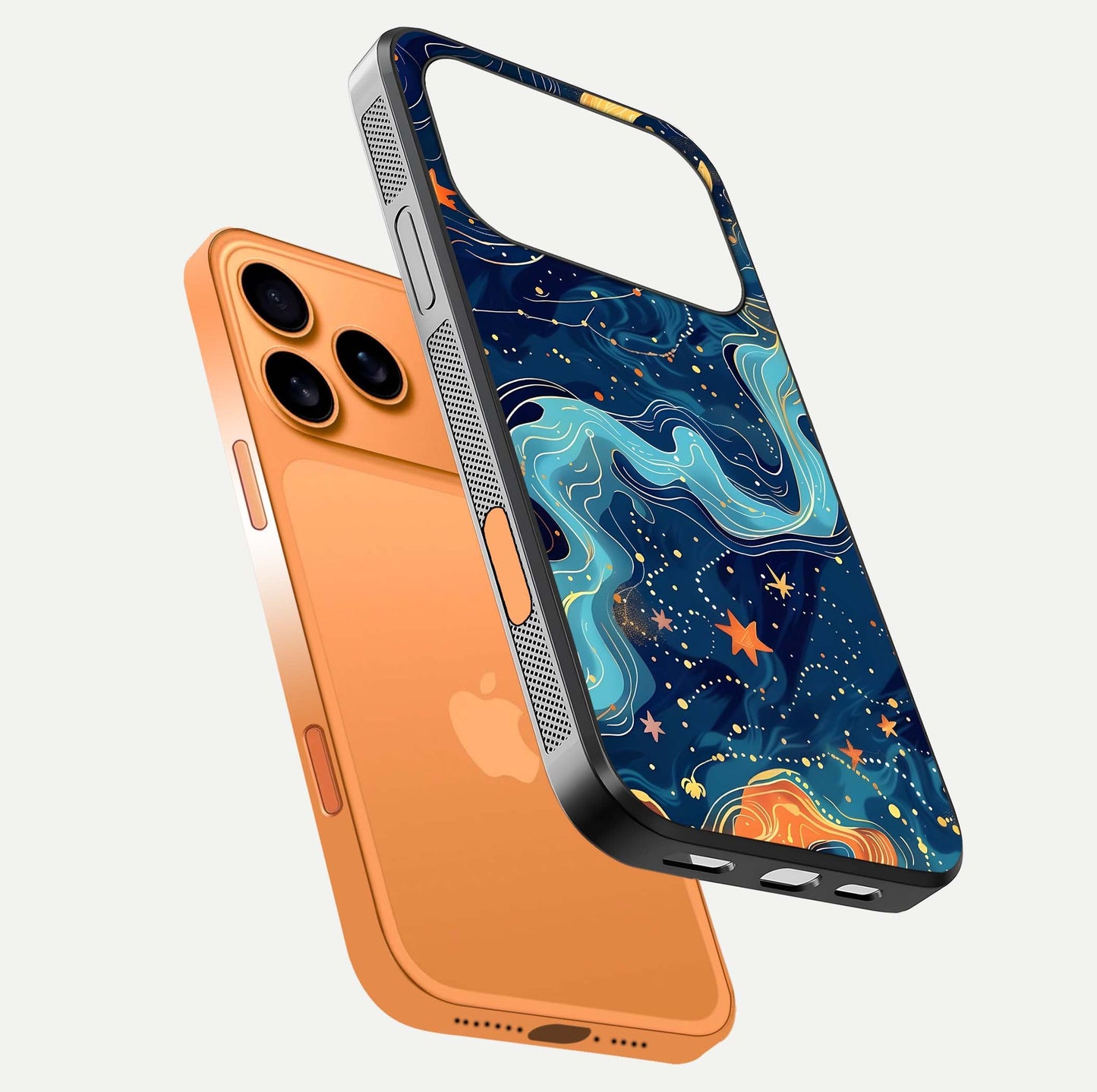 Celestial Dream Flow Glass Case for iPhone 17 Pro Max floating mockup displaying gloss shimmer and artistic composition