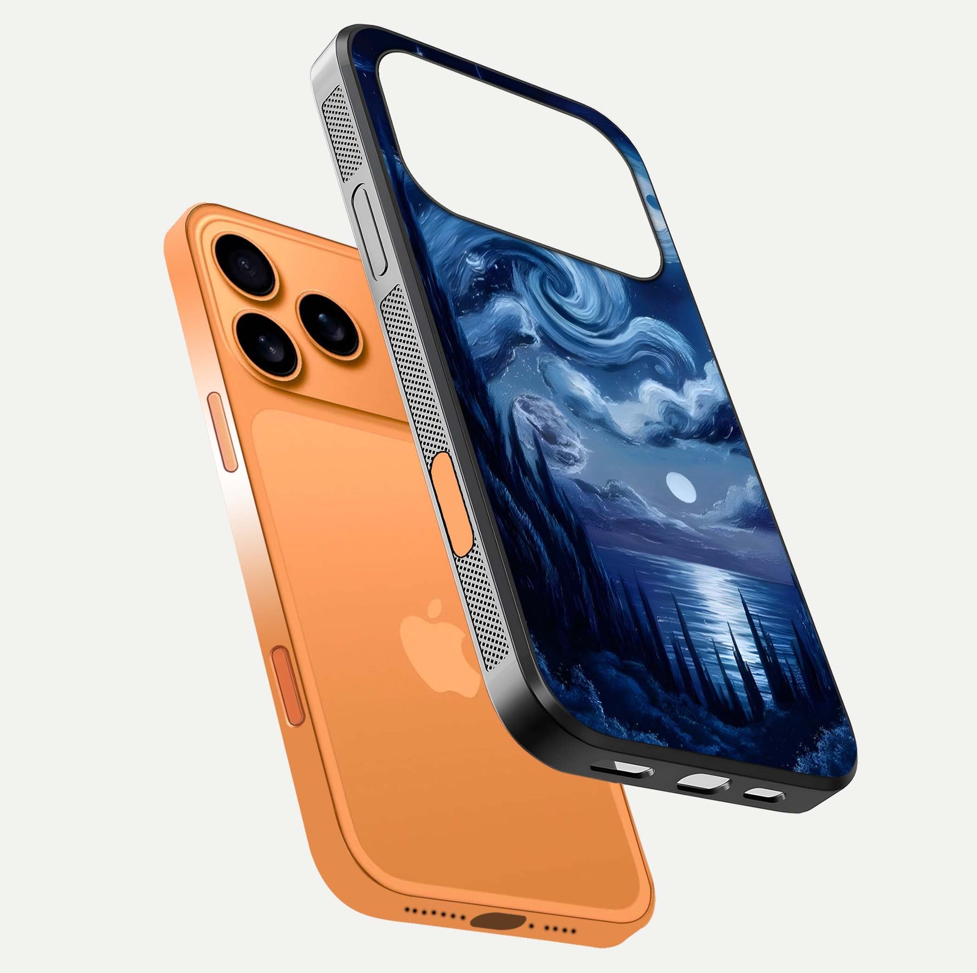 Celestial Dream Van Gogh Glass Case for iPhone 17 Pro Max floating mockup highlighting cosmic tones and smooth gloss