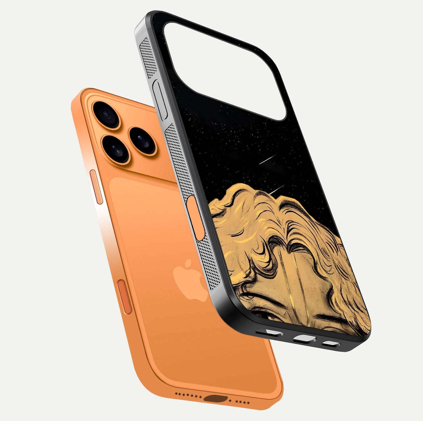 Celestial God’s Plan Glass Case for iPhone 17 Pro Max floating dual-view mockup displaying gloss surface and vivid print