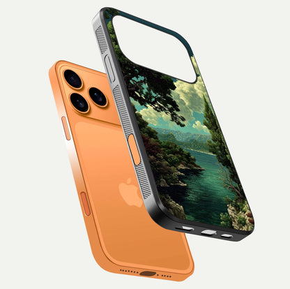 Celestial Lake Peace Glass Case for iPhone 17 Pro Max floating mockup capturing calm tones and smooth polish