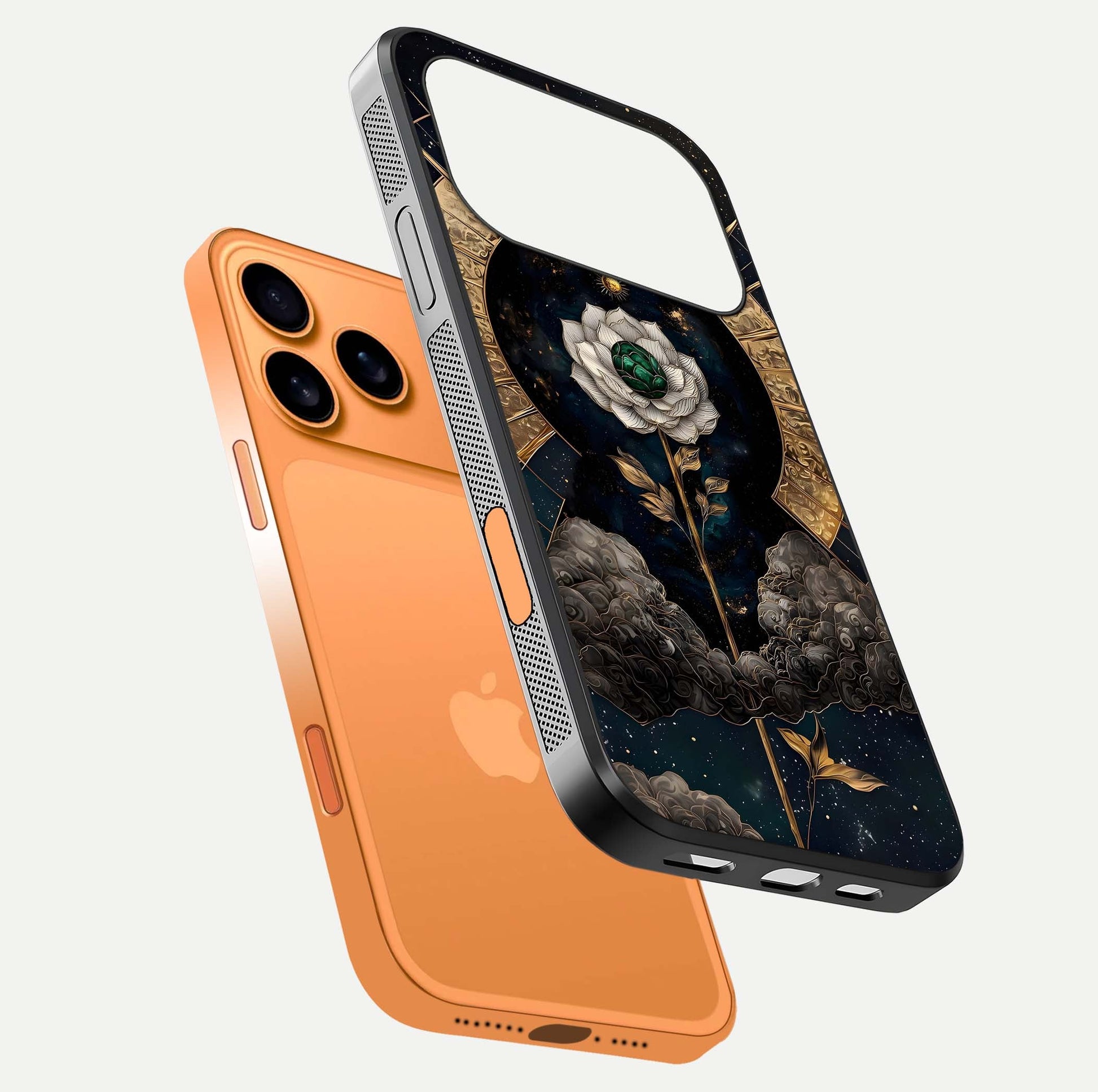 Celestial Lotus Morang Glass Case for iPhone 17 Pro Max floating mockup showing gloss depth and cosmic lotus glow