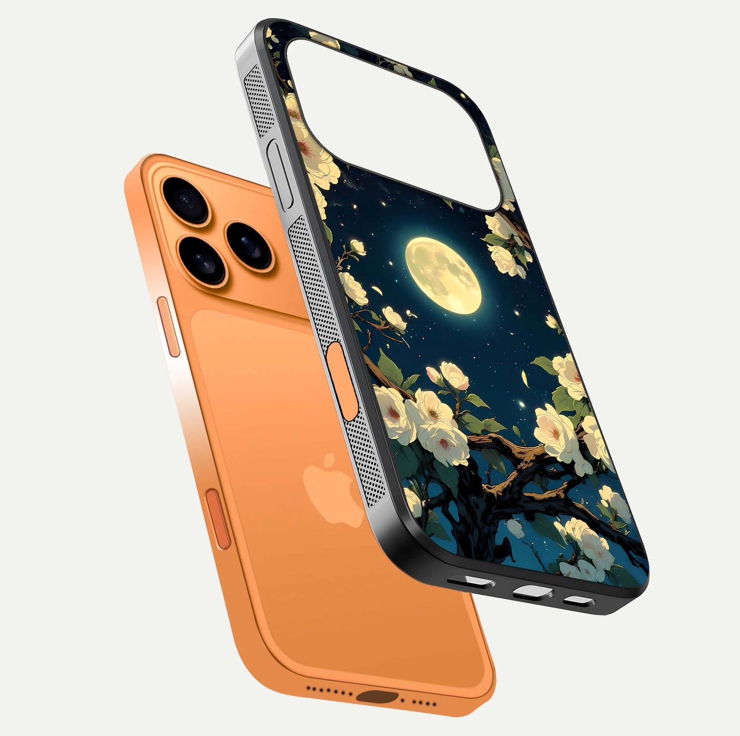 Celestial Moon & Flower Glass Case for iPhone 17 Pro Max floating mockup emphasizing HD shine and delicate texture