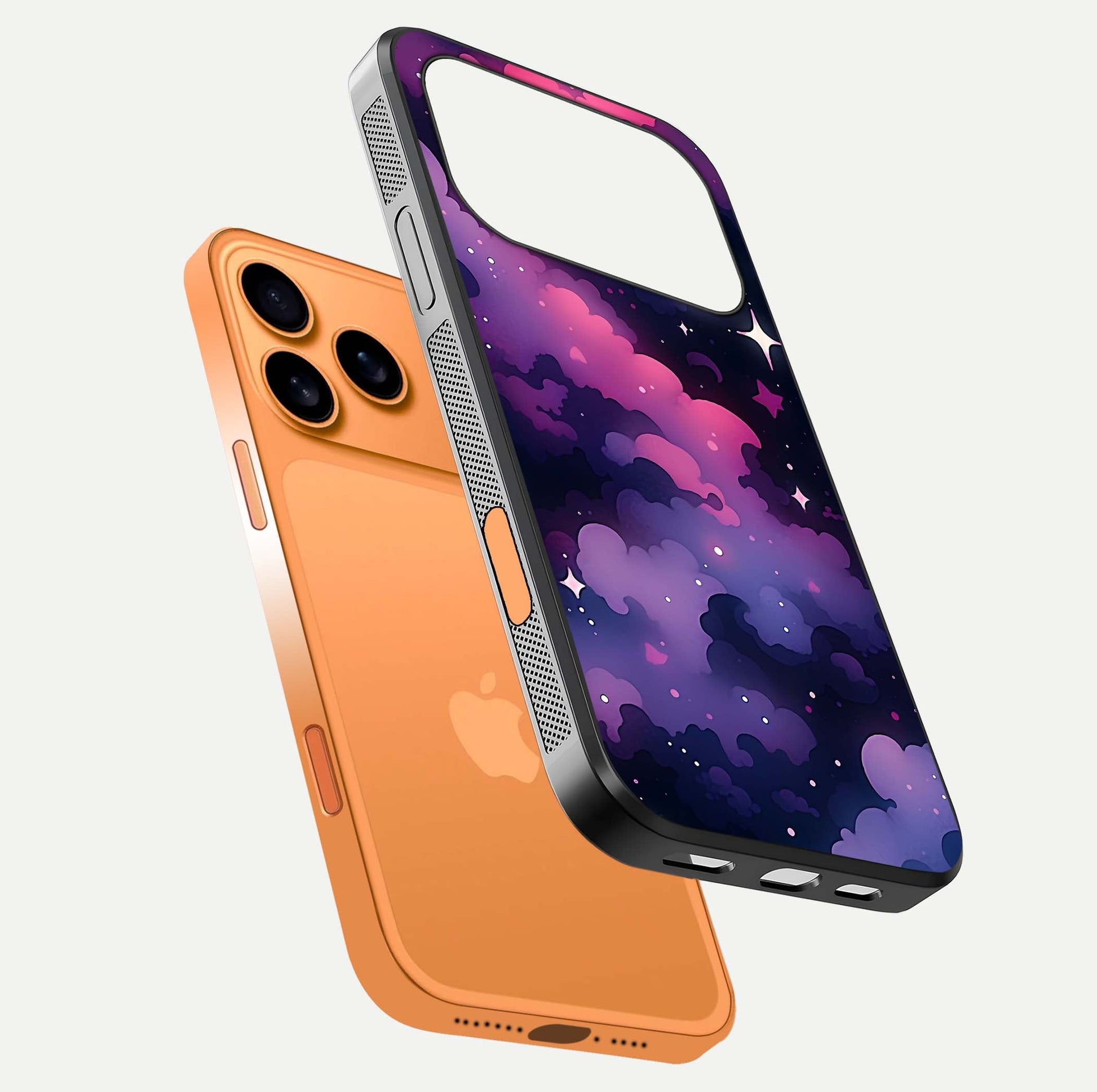 Celestial Moon Magic Glass Case for iPhone 17 Pro Max floating mockup showing reflection gradient and smooth polish