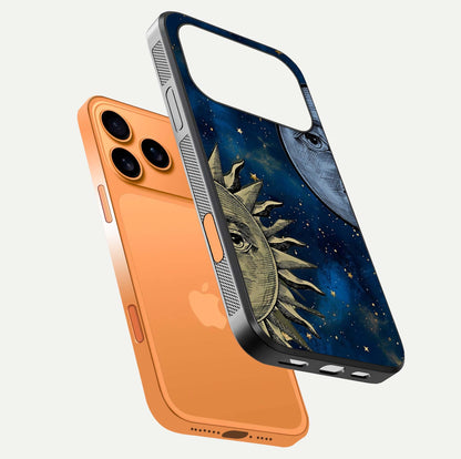 Celestial Moon With Sun Glass Case for iPhone 17 Pro Max floating mockup displaying vibrant contrast and HD gloss