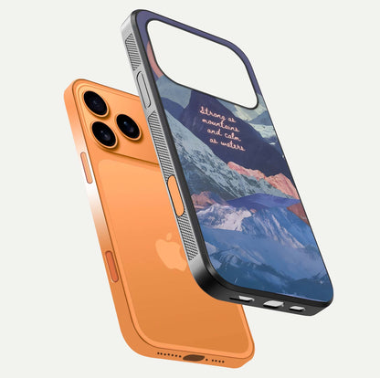 Celestial Mountain Calm Glass Case for iPhone 17 Pro Max floating mockup showing glow depth and polished edges