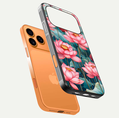 Celestial Pink Lotus Glass Case for iPhone 17 Pro Max floating mockup displaying cosmic tone and gloss surface
