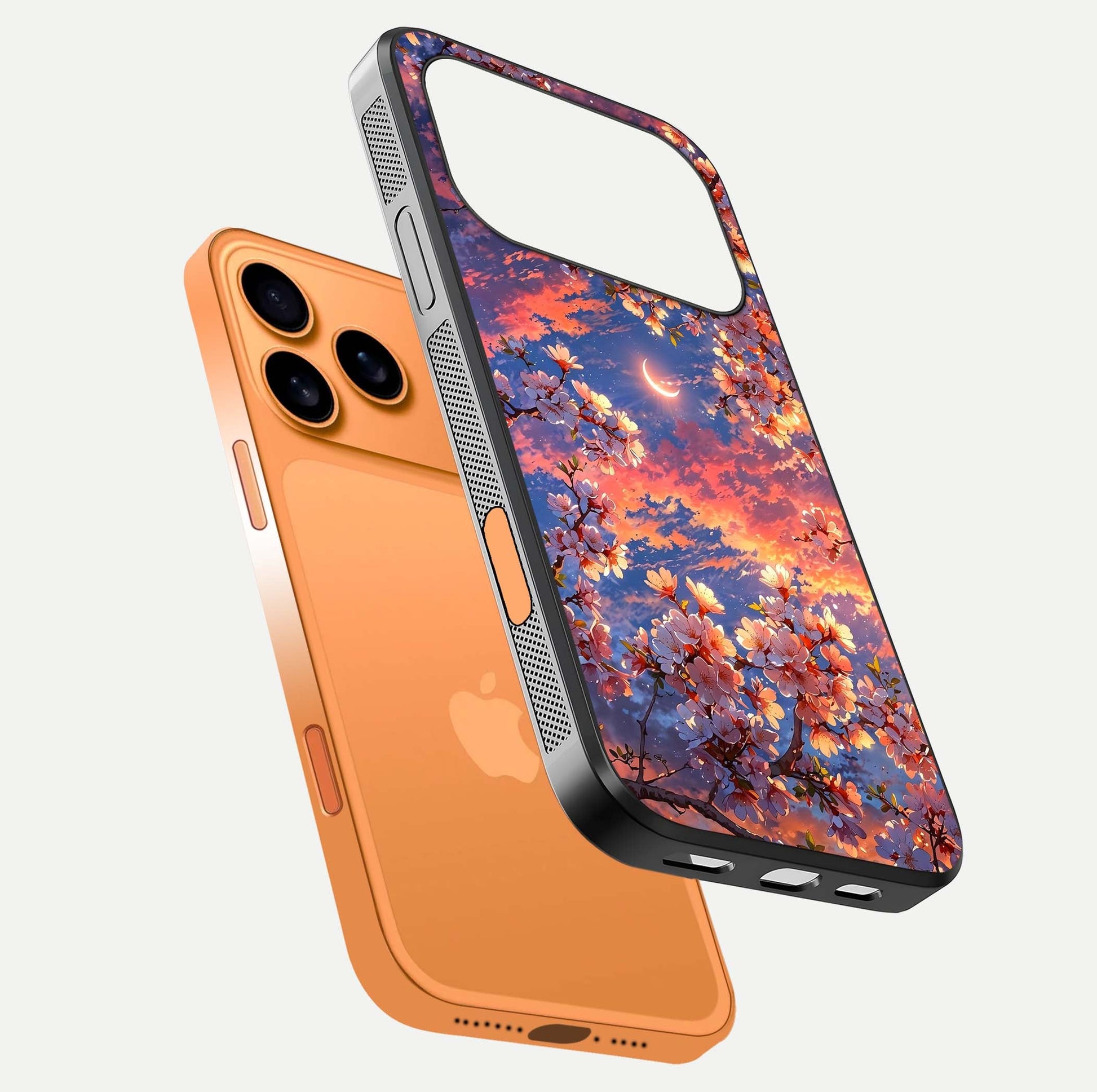 Celestial Sakura Sunset Glass Case for iPhone 17 Pro Max floating mockup capturing sunset hue and smooth gloss