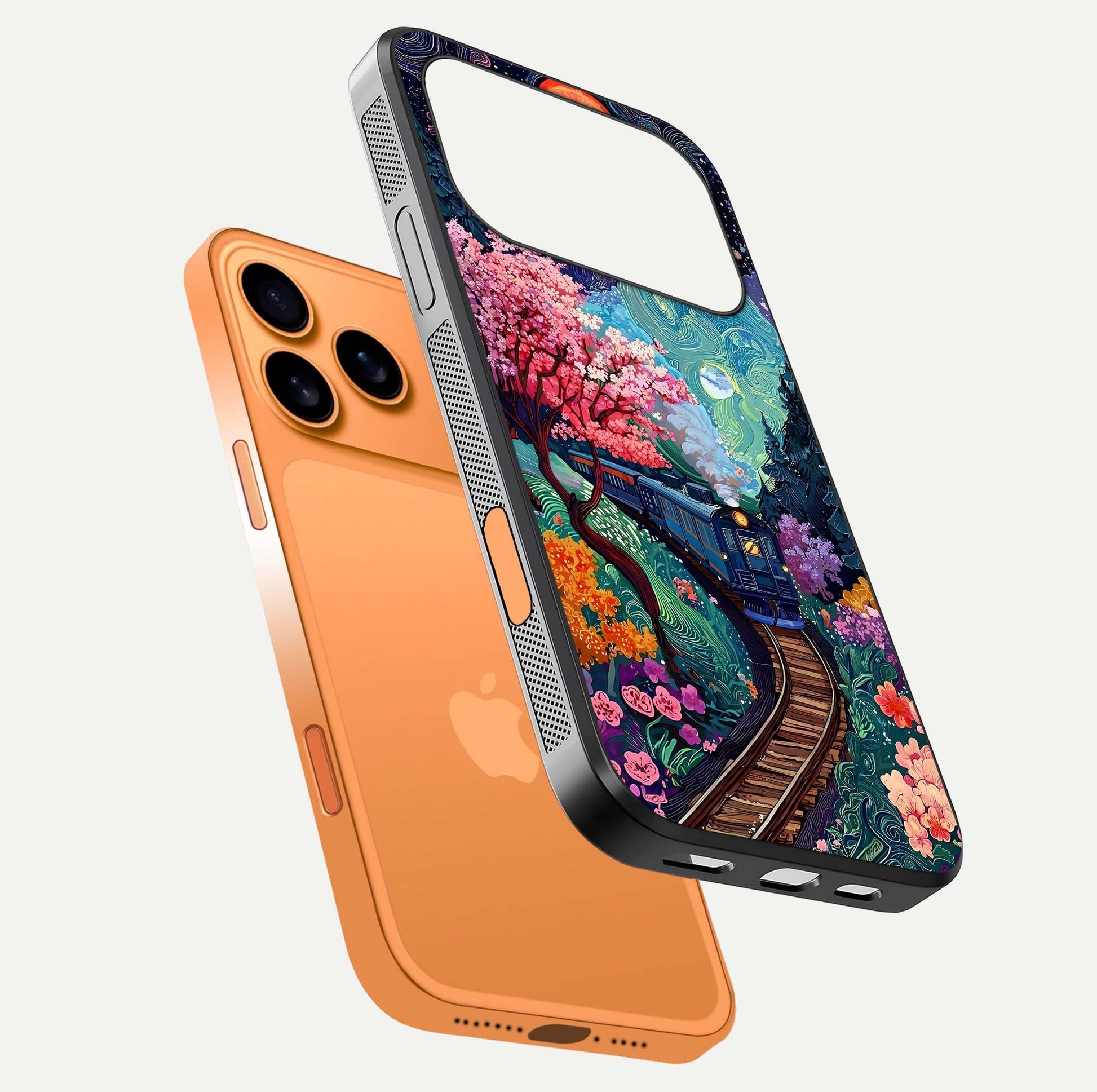 Celestial Train Journey Glass Case for iPhone 17 Pro Max floating mockup capturing gloss reflection and deep night hues