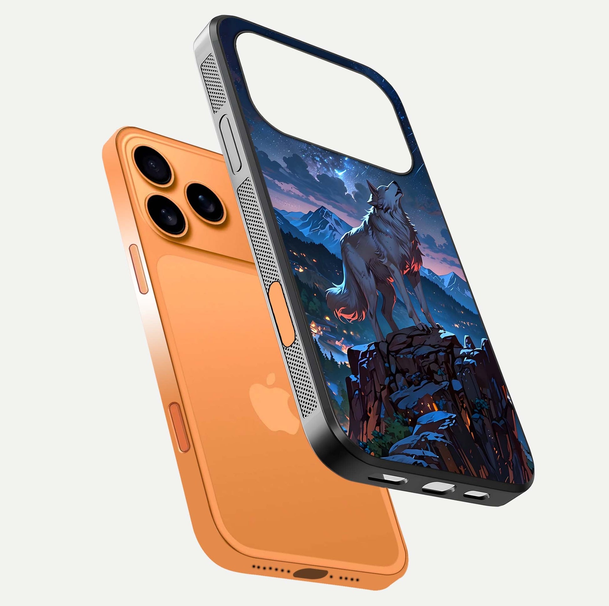 Celestial Wolf Howl Glass Case for iPhone 17 Pro Max floating mockup capturing reflection depth and silver gloss
