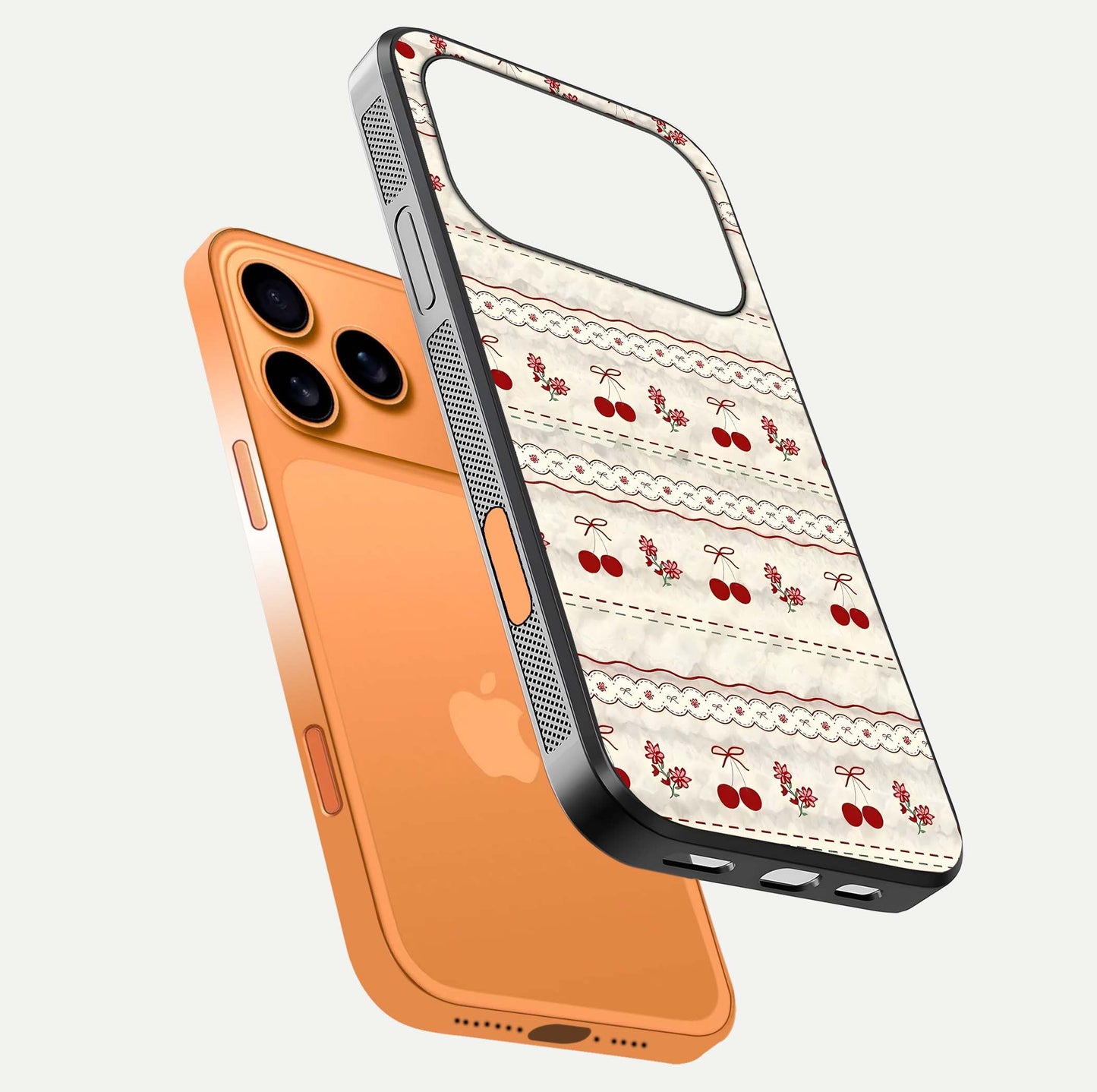 Cherry Bloom Charm Glass Case for iPhone 17 Pro Max floating mockup showing bloom texture and polished gloss